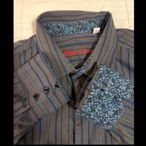 Robert Graham Flip Cuff Shirt Men 3XL Gray Blue Button Long Sleeve Striped EUC
